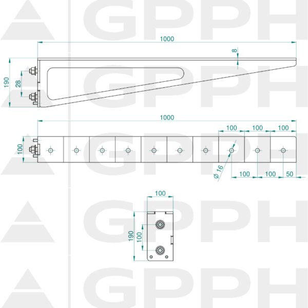 Przedłużenie 1000x100mm, Siatka - 100x100mm, System - Φ16, Seria - ECO| Rysunek techniczny