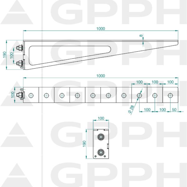 Przedłużenie 1000x100mm, Siatka - 100x100mm, System - Φ28, Seria - ECO| Rysunek techniczny