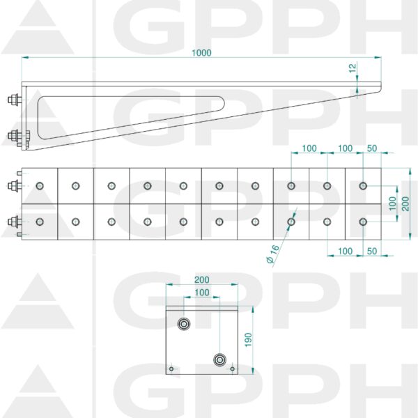 Przedłużenie 1000x200mm, Siatka - 100x100mm, System - Φ16, Seria - PLUS | Rysunek techniczny
