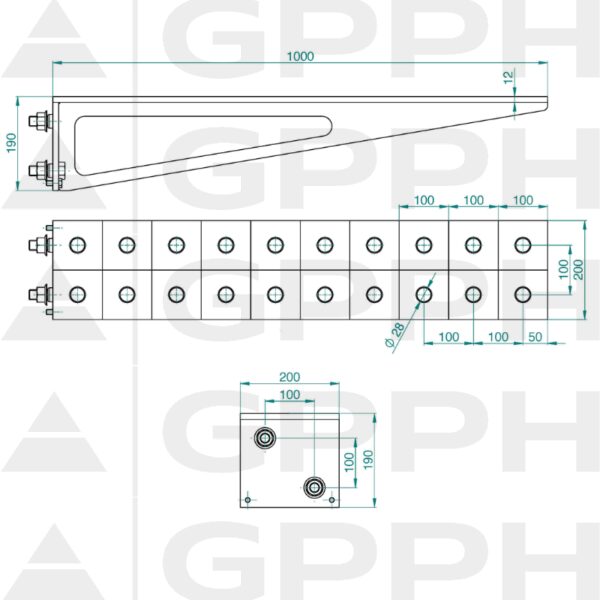 Przedłużenie 1000x200mm, Siatka - 100x100mm, System - Φ28, Seria - PLUS | Rysunek techniczny