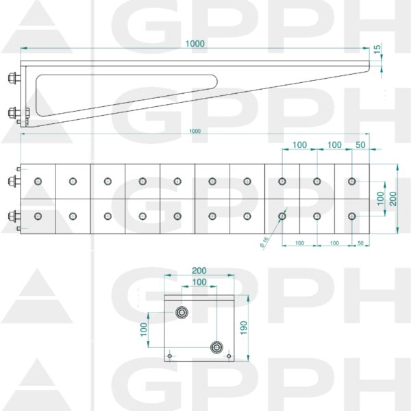 Przedłużenie 1000x200mm, Siatka - 100x100mm, System - Φ16, Seria - PRO | Rysunek techniczny