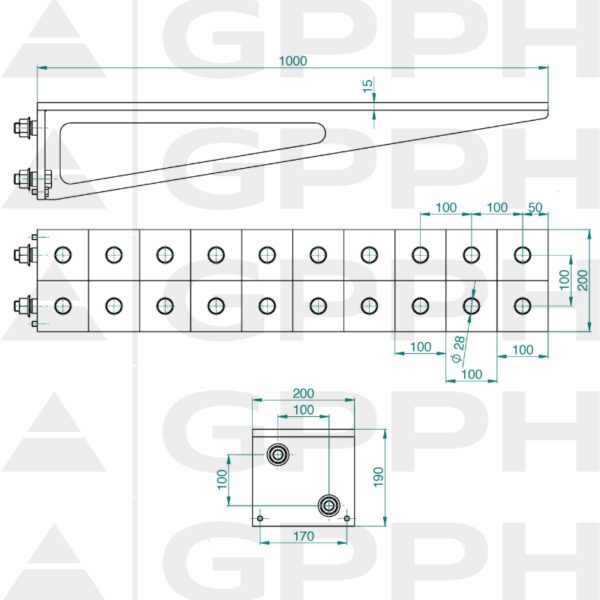 Przedłużenie 1000x200mm, Siatka - 100x100mm, System - Φ28, Seria - PRO | Rysunek techniczny