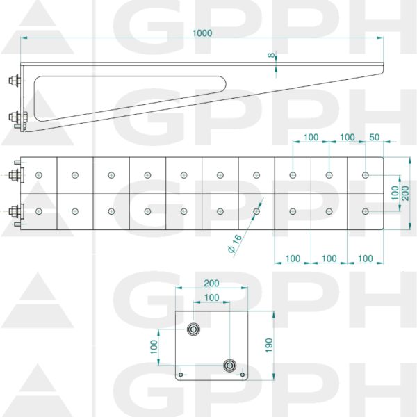 Przedłużenie 1000x200mm, Siatka - 100x100mm, System - Φ16, Seria - ECO | Rysunek techniczny