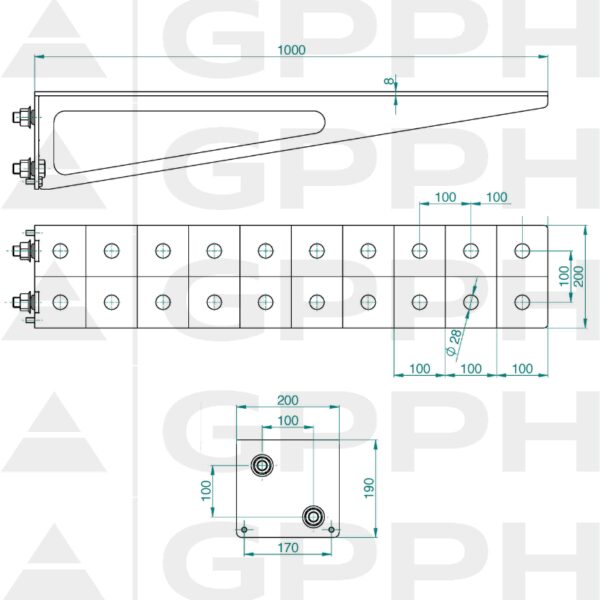 Przedłużenie 1000x200mm, Siatka - 100x100mm, System - Φ28, Seria - ECO | Rysunek techniczny