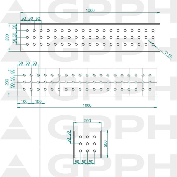 Kostka 1000x200x200mm, Siatka - 50x50mm, System - Φ16, Dla stołu - ECO rysunek techniczny