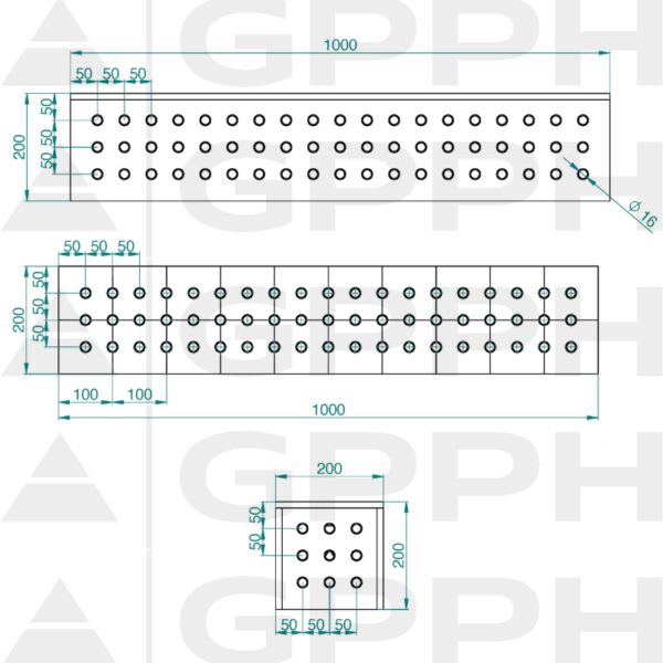 Kostka 1000x200x200mm, Siatka - 50x50mm, System - Φ16, Dla stołu - PLUS rysunek techniczny