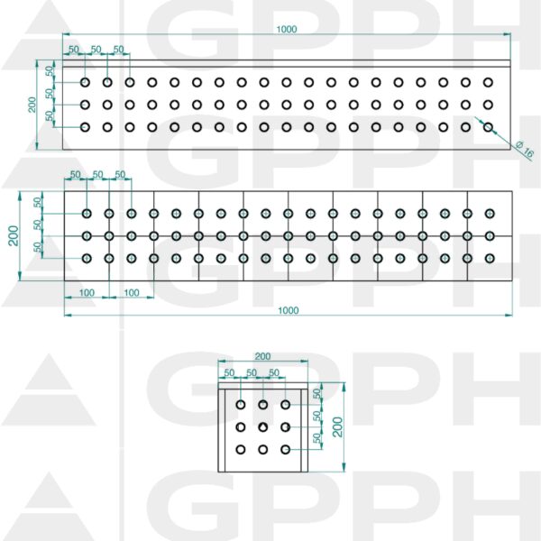 Kostka 1000x200x200mm, Siatka - 50x50mm, System - Φ16, Dla stołu - PRO rysunek techniczny