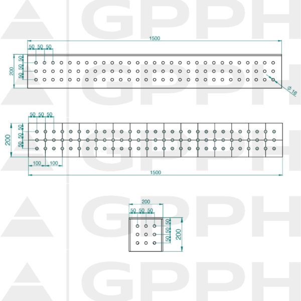 Kostka 1500x200x200mm, Siatka - 50x50mm, System - Φ16, Dla stołu - ECO rysunek techniczny