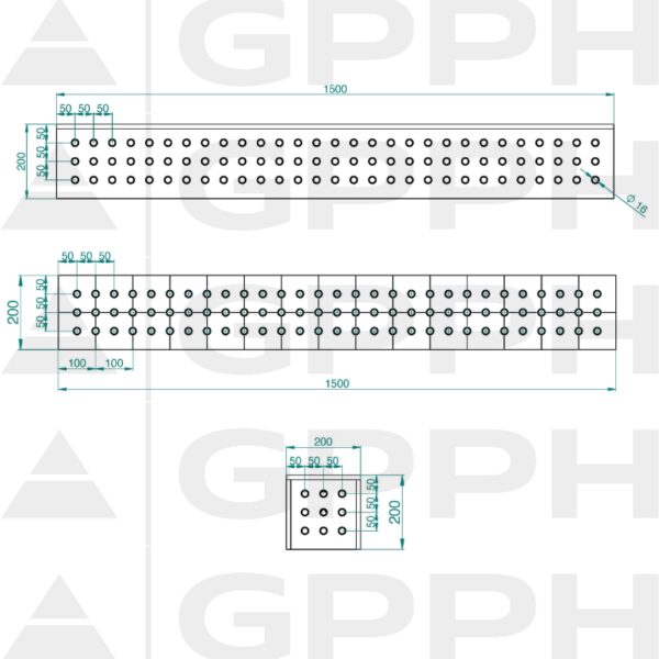 Kostka 1500x200x200mm, Siatka - 50x50mm, System - Φ16, Dla stołu - PLUS rysunek techniczny