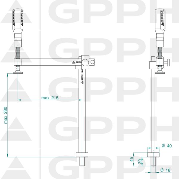 Zacisk mocujący z regulowanym wysięgiem GPPH fi16 mm - rysunek techniczny