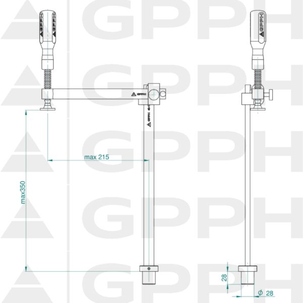 Zacisk mocujący z regulowanym wysięgiem GPPH fi28 mm - rysunek techniczny
