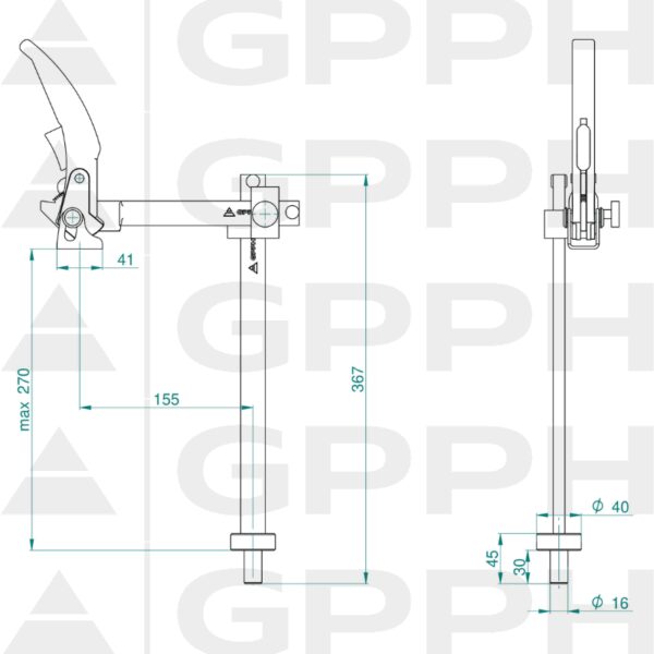 Zacisk mocujący z dźwignią i regulowanym wysięgiem GPPH fi16 mm - rysunek techniczny