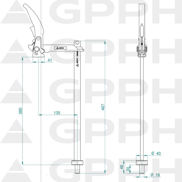 Zacisk mocujący z dźwignią GPPH fi16 mm - rysunek techniczny