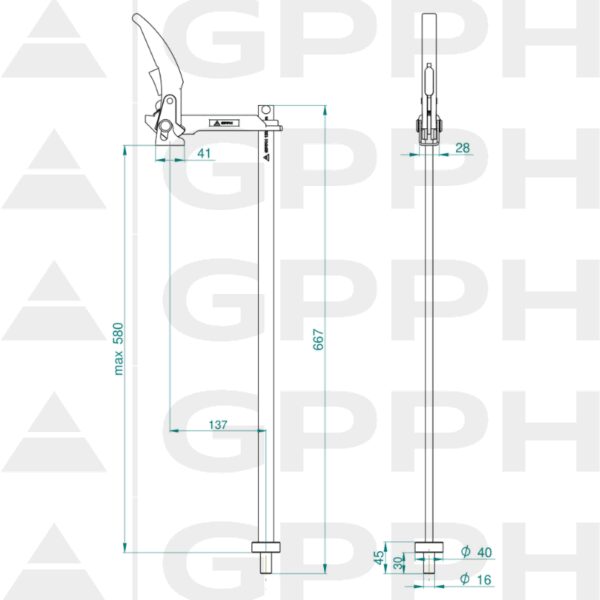 Zacisk mocujący z dźwignią long GPPH fi16 mm - rysunek techniczny