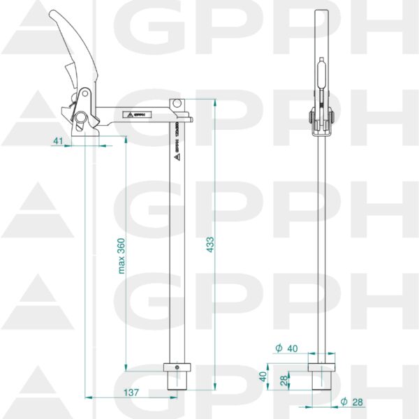 Zacisk mocujący z dźwignią long GPPH fi28 mm - rysunek techniczny