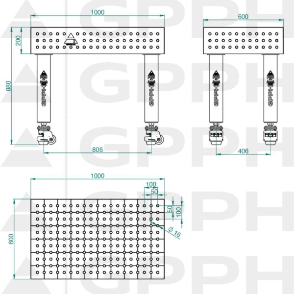 Stół Spawalniczy PRO INOX Rozmiar - 1000x600mm, Siatka - 50x50mm, System - Φ16, Nogi - Na kołach - rysunek techniczny