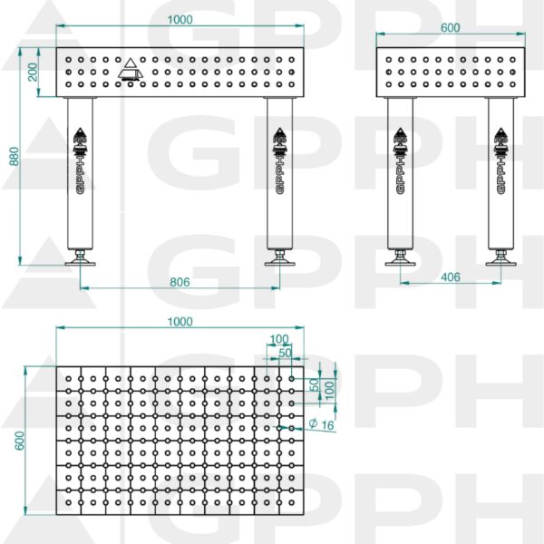 Stół Spawalniczy PRO INOX Rozmiar - 1000x600mm, Siatka - 50x50mm, System - Φ16, Nogi - Na stopach - rysunek techniczny