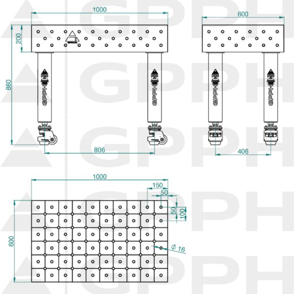 Stół Spawalniczy PRO INOX Rozmiar - 1000x600mm, Siatka - DIAGONALNA, System - Φ16, Nogi - Na kołach - rysunek techniczny