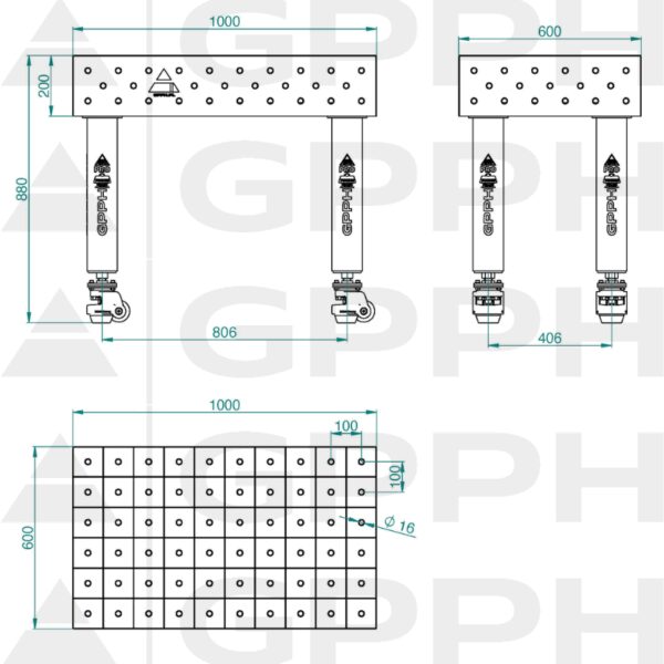 Stół Spawalniczy PRO INOX Rozmiar - 1000x600mm, Siatka - 100x100mm, System - Φ16, Nogi - Na kołach - rysunek techniczny