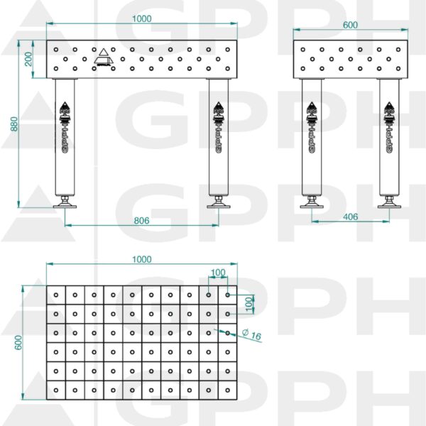 Stół Spawalniczy PRO INOX Rozmiar - 1000x600mm, Siatka - 100x100mm, System - Φ16, Nogi - Na stopach - rysunek techniczny
