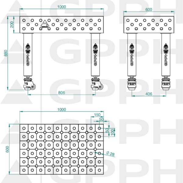 Stół Spawalniczy PRO INOX Rozmiar - 1000x600mm, Siatka - DIAGONALNA, System - Φ28, Nogi - Na kołach - rysunek techniczny