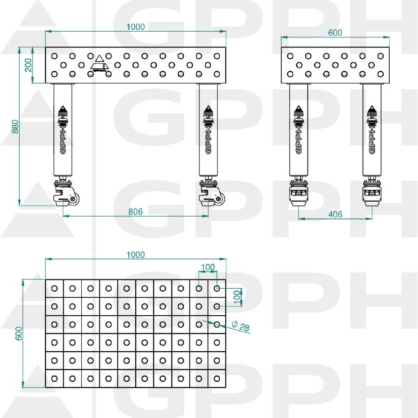 Stół Spawalniczy PRO INOX Rozmiar - 1000x600mm, Siatka - 100x100mm, System - Φ28, Nogi - Na kołach - rysunek techniczny