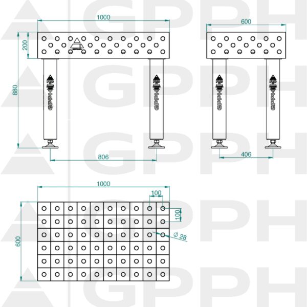 Stół Spawalniczy PRO INOX Rozmiar - 1000x600mm, Siatka - 100x100mm, System - Φ28, Nogi - Na stopach - rysunek techniczny