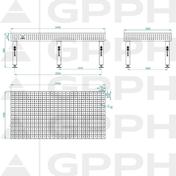 Stół Spawalniczy PRO Siatka - 50x50mm, System - Φ16, Rozmiar - 2400x1200mm, Nogi - Na stopach Rysunek techniczny