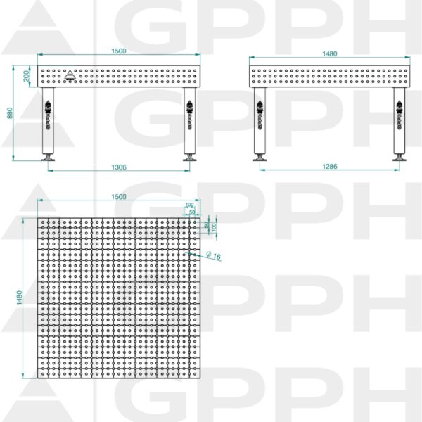Stół Spawalniczy PRO Siatka - 50x50mm, System - Φ16, Rozmiar - 1500x1480mm, Nogi - Na stopach Rysunek techniczny