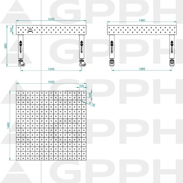 Stół Spawalniczy PRO Siatka - 100x100mm, System - Φ16, Rozmiar - 1500x1480mm, Nogi - Na kołach Rysunek techniczny
