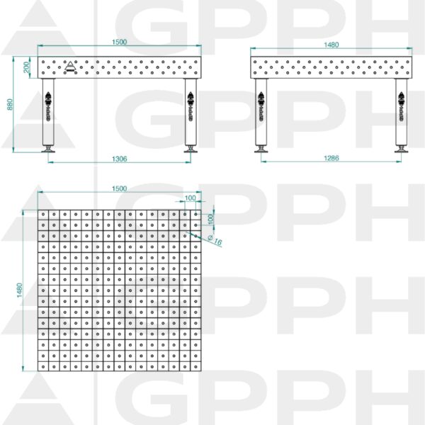 Stół Spawalniczy PRO Siatka - 100x100mm, System - Φ16, Rozmiar - 1500x1480mm, Nogi - Na stopach Rysunek techniczny