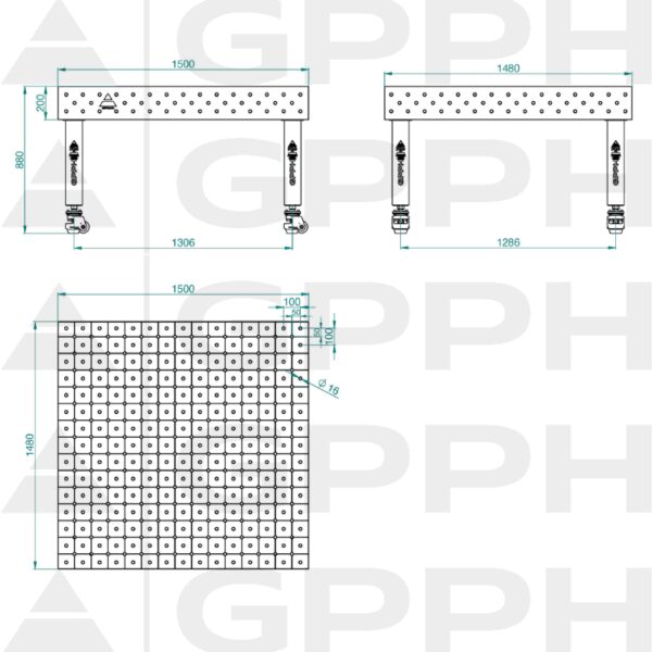 Stół Spawalniczy PRO Siatka - diagonalna, System - Φ16, Rozmiar - 1500x1480mm, Nogi - Na kołach Rysunek techniczny