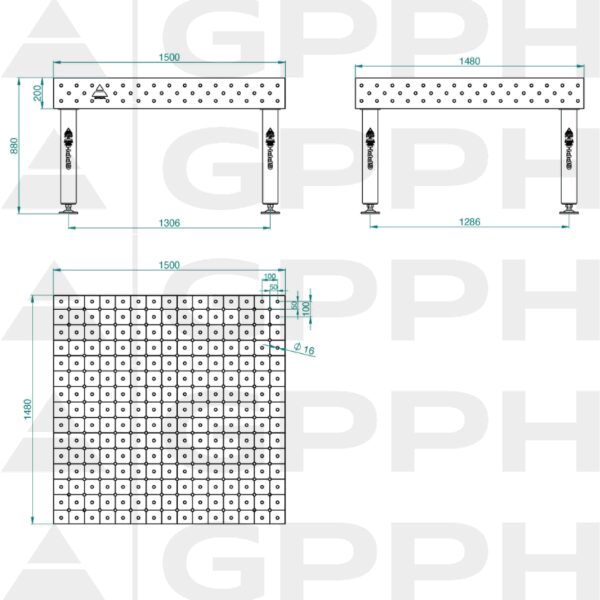 Stół Spawalniczy PRO Siatka - diagonalna, System - Φ16, Rozmiar - 1500x1480mm, Nogi - Na stopach Rysunek techniczny