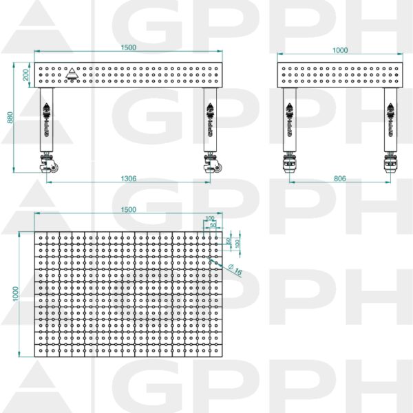 Stół Spawalniczy PRO Siatka - 50x50mm, System - Φ16, Rozmiar - 1500x1000mm, Nogi - Na kołach Rysunek techniczny