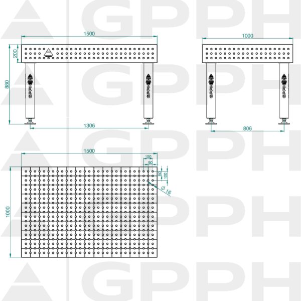 Stół Spawalniczy PRO Siatka - 50x50mm, System - Φ16, Rozmiar - 1500x1000mm, Nogi - Na stopach Rysunek techniczny