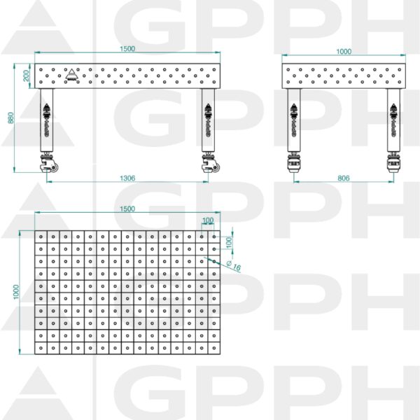 Stół Spawalniczy PRO Siatka - 100x100mm, System - Φ16, Rozmiar - 1500x1000mm, Nogi - Na kołach Rysunek techniczny