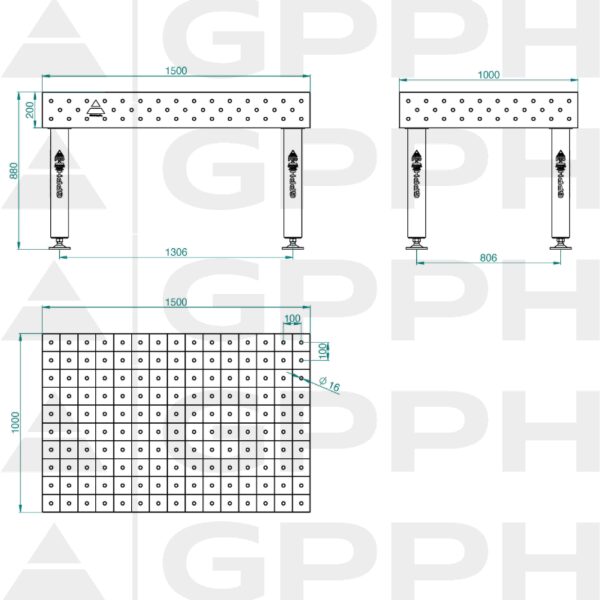 Stół Spawalniczy PRO Siatka - 100x100mm, System - Φ16, Rozmiar - 1500x1000mm, Nogi - Na stopach Rysunek techniczny