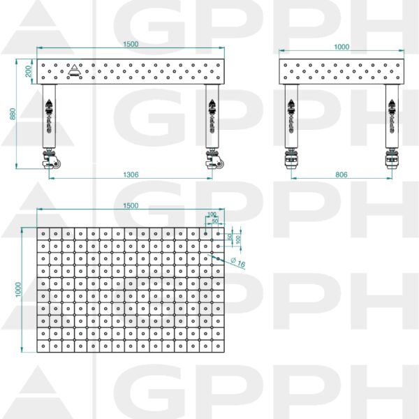 Stół Spawalniczy PRO Siatka - diagonalna, System - Φ16, Rozmiar - 1500x1000mm, Nogi - Na kołach Rysunek techniczny