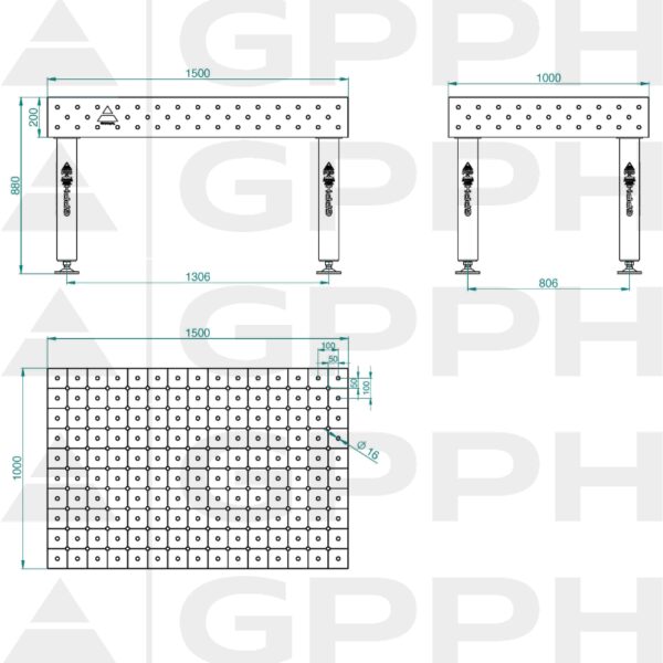 Stół Spawalniczy PRO Siatka - diagonalna, System - Φ16, Rozmiar - 1500x1000mm, Nogi - Na stopach Rysunek techniczny