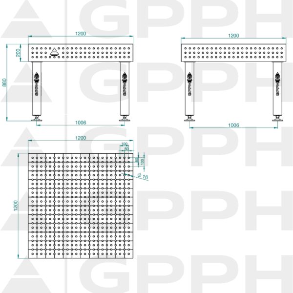 Stół Spawalniczy PRO Siatka - 50x50mm, System - Φ16, Rozmiar - 1200x1200mm, Nogi - Na stopach Rysunek techniczny