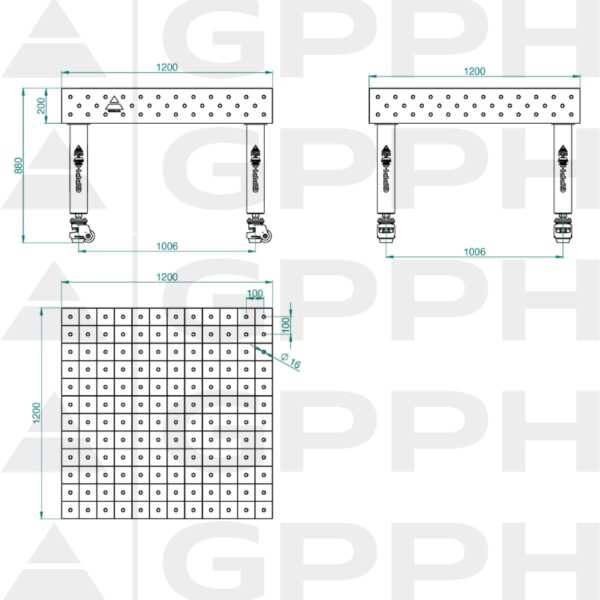Stół Spawalniczy PRO Siatka - 100x100mm, System - Φ16, Rozmiar - 1200x1200mm, Nogi - Na kołach Rysunek techniczny