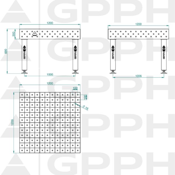 Stół Spawalniczy PRO Siatka - 100x100mm, System - Φ16, Rozmiar - 1200x1200mm, Nogi - Na stopach Rysunek techniczny