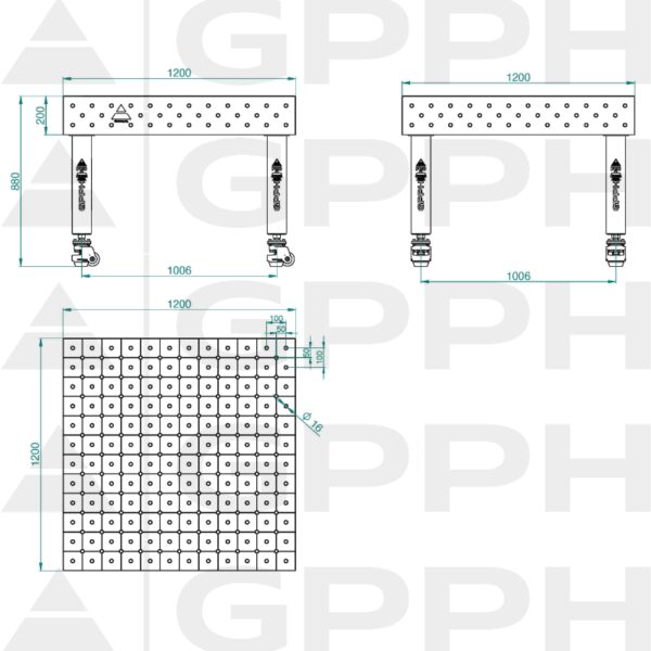Stół Spawalniczy PRO Siatka - diagonalna, System - Φ16, Rozmiar - 1200x1200mm, Nogi - Na kołach Rysunek techniczny