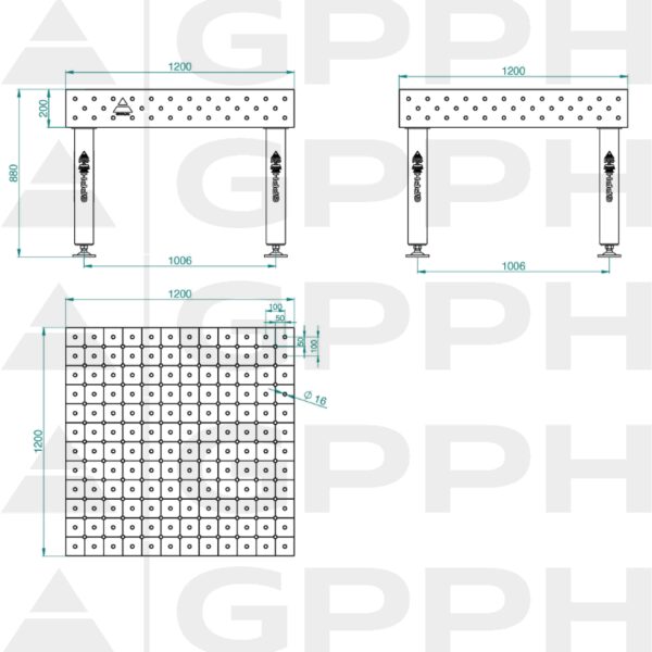 Stół Spawalniczy PRO Siatka - diagonalna, System - Φ16, Rozmiar - 1200x1200mm, Nogi - Na stopach Rysunek techniczny