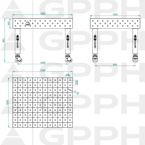 Stół Spawalniczy PRO Rozmiar - 1200x1000mm, Siatka - 100x100mm, System - Φ16, Nogi - Na kołach Rysunek techniczny