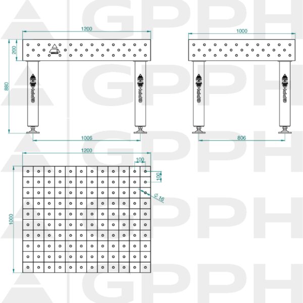 Stół Spawalniczy PRO Rozmiar - 1200x1000mm, Siatka - 100x100mm, System - Φ16, Nogi - Na stopach Rysunek techniczny