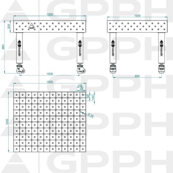 Stół Spawalniczy PRO Rozmiar - 1200x1000mm, Siatka - diagonalna, System - Φ16, Nogi - Na kołach Rysunek techniczny