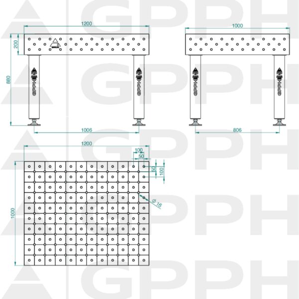 Stół Spawalniczy PRO Rozmiar - 1200x1000mm, Siatka - diagonalna, System - Φ16, Nogi - Na stopach Rysunek techniczny
