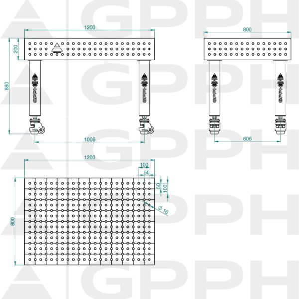 Stół Spawalniczy PRO Rozmiar - 1200x800mm, Siatka - 50x50mm, System - Φ16, Nogi - Na kołach Rysunek techniczny