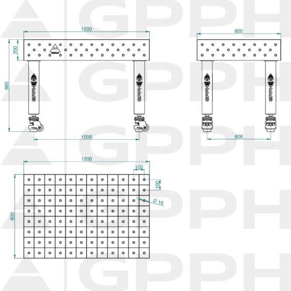 Stół Spawalniczy PRO Rozmiar - 1200x800mm, Siatka - 100x100mm, System - Φ16, Nogi - Na kołach Rysunek techniczny